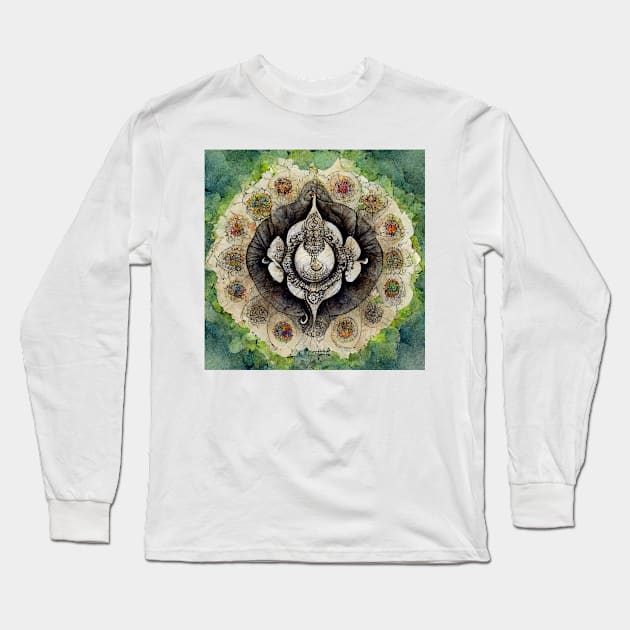 Watercolor Fractal Mandala Elephant Zentangle Long Sleeve T-Shirt by Prilidiarts